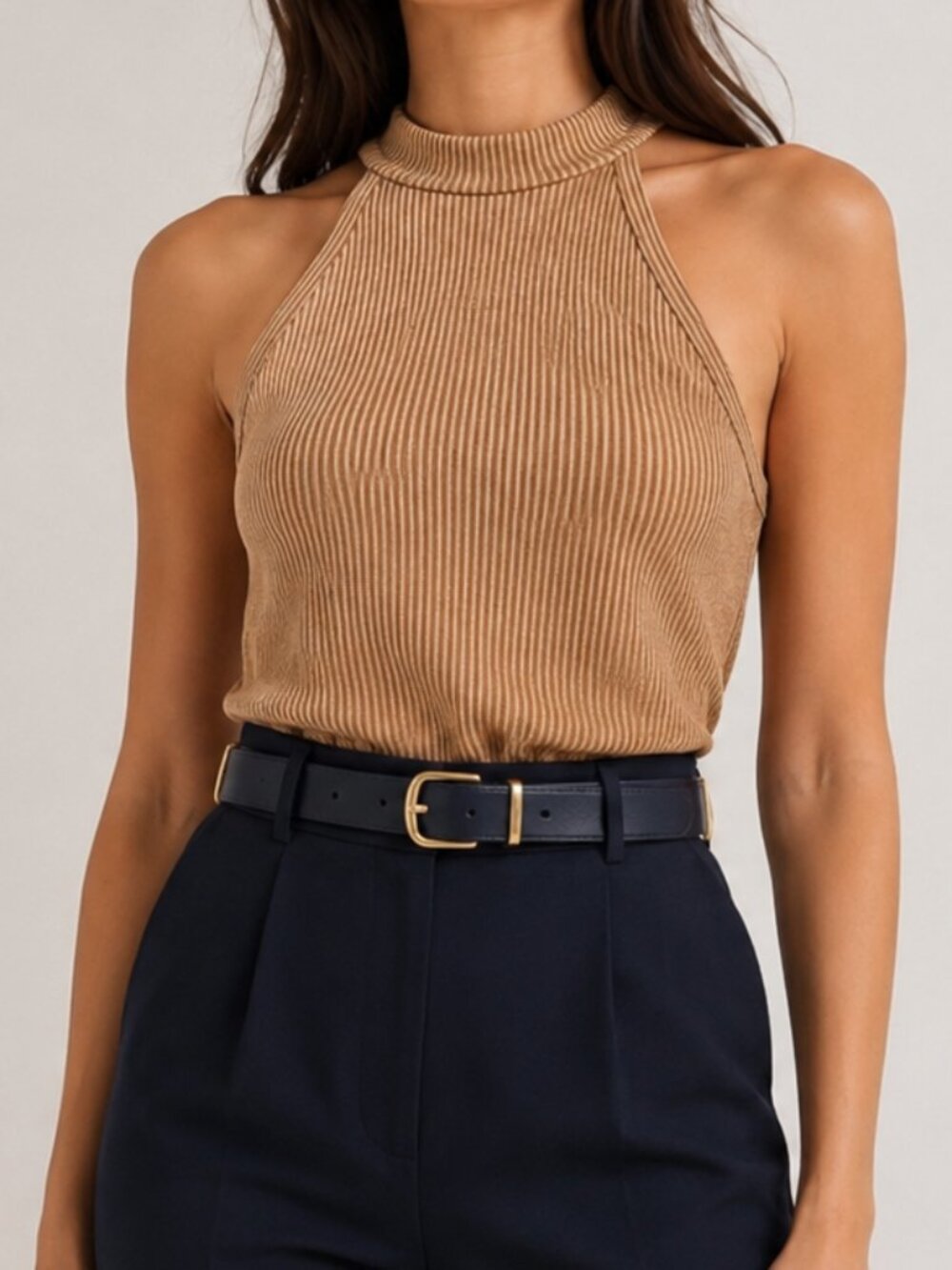 Green Envelope Striped Ribbed Halter Tank Top in Golden Tan